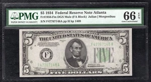 FR 1956-Fm 1934 $5 MULE FRN FEDERAL RESERVE NOTE ATLANTA, GA PMG GEM UNC-66EPQ - Picture 1 of 2