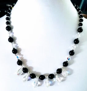 "PEQUEÑO VESTIDO NEGRO"" Collar Cristal Ónix Placa Plateada 17" - Imagen 1 de 3