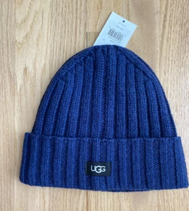 UGG Men's Wool Hat Signature Winter Beanie Ski Knit Navy Blue Ribbed Cuffed NWT - Picture 1 of 8
