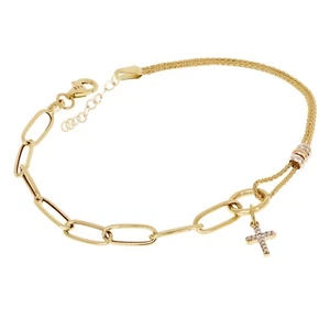 Italian 14k Tri Color Gold Wheat & Paper Clip Cross Charm Bracelet 7.5" 2.9 gram - Picture 1 of 4
