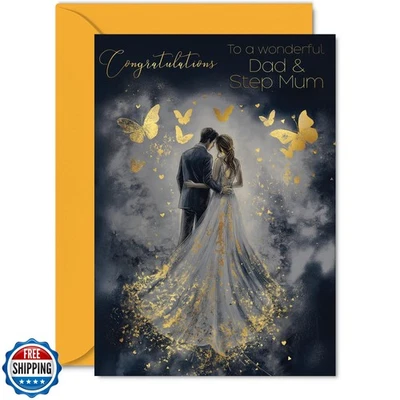 Dad and Step Mum Wedding Card - Gold Butterflies Happy Couple - Golden Marria - Image 1 of 4