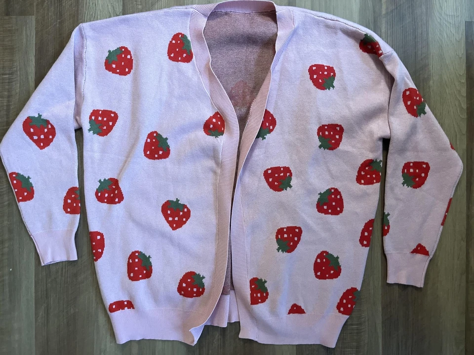 Cárdigan suéter fresa para mujer XL rosa frente abierto patrón de frutas por todas partes Foto 1 de 4