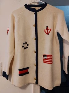 VTG 60s Ivory Wool Navy Trim Gold Button Cardigan w Sailing Boating Embroidery M - Picture 1 of 11