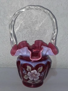 VTG Westmoreland Cranberry Glass Basket Red Pink Flower 1994 Hand Painted Signed - Picture 1 of 7