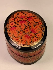 Paper Mache Kashmir Black Orange Gold Floral Trinket Box Jewelry Oval - Picture 1 of 8