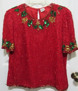 Camisa SS Vintage Sin Etiquetar 100% SEDA Lentejuelas Talla PL - Imagen 1 de 6