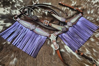 Cabecero PONY Western - Cuello de pecho con flecos - Riendas - Púrpura metálico - Cristales Foto 1 de 4