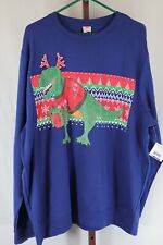 Holiday Time Mens Blue Dinosaur Christmas Graphic Long Sleeve Fleece Top L NEW