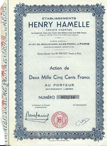 Actions - titres N°5 Etablissements Henry Hamelle 2500 Francs Paris - Imagen 1 de 1