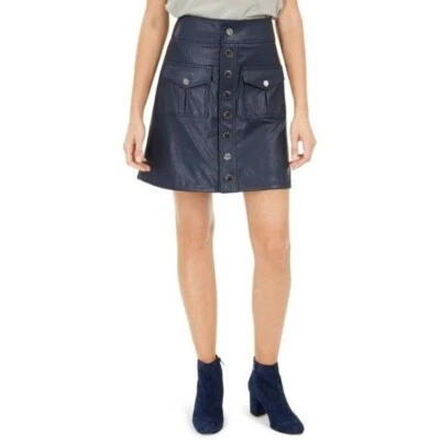Minifalda de cuero sintético talla 10 INC frontal a presión azul marino bolsillos línea A Foto 1 de 3
