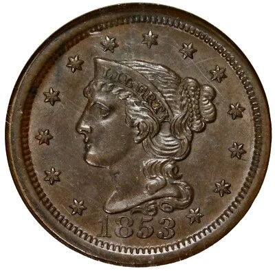 🧉🤎🧉🤎🧉🤎😎NGC MS64 BN 1853 BRAIDED HAIR LARGE CENT - Image 1 of 3