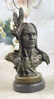 Native American Indian Warrior Chief 100% Bronze On Marble Sculpture Art