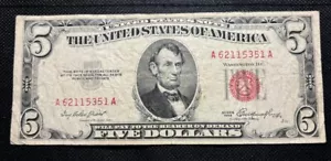 1953 $5 Dollar Bill - Red Ink Note - Serial Number A 62115351 A - Picture 1 of 2