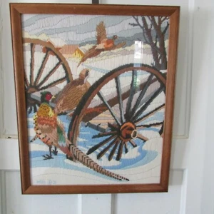 Needlework Longstitch Pheasants Wagon Wheel Snow Scene Professionally Framed - Picture 1 of 11