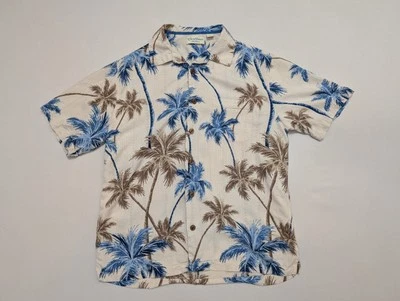 Camisa Hawaiana Caribeña Para Hombres M Blanca Palmeras Mezcla Seda Cuello Lazo Campamento Foto 1 de 4