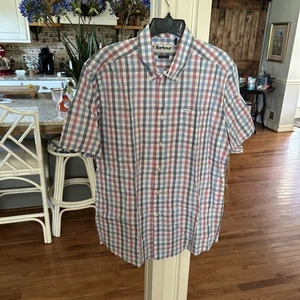 Barbour Plaid Blue & Red Regular Fit Cotton Linen Short Sleeve Button Up Size L - Picture 1 of 6