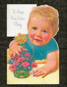 Carta PASQUA oversize vintage NORCROSS cesto PRIMO FLOCCATO DEL BAMBINO 10" x 6 1/2" - Foto 1 di 4