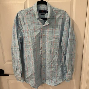 Vineyard Vines Mens Plaid Classic Fit Murray Shirt Size Medium Teal White Orange - Picture 1 of 6