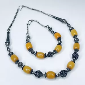 Vintage gelbe Buttercotch Bakelit Halskette und Armband Paar Mitte des Jahrhunderts - Bild 1 von 24