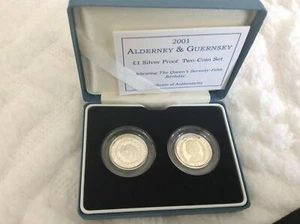 Simply Coins~ 2001 Alderney & Guernsey Silver 1 One pound Coin Set Queen's 75th - Picture 1 of 3