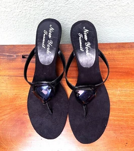 New York Transit "Lainey" Pretty Wedge Sandals Patent Leather Black Size 10 NIB - Picture 1 of 5