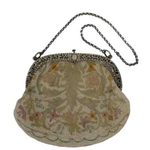 Vintage französische Mikroperlen Handtasche mit Tambour Stickerei & Sterling Rahmen - Bild 1 von 10
