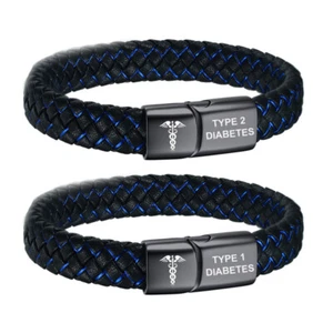 TYPE 1 2 DIABETES Braided Leather Medical Alert Men Bracelet Surfer Cuff Bangle - Picture 1 of 10