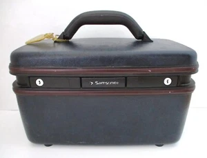 Vtg MCM Blue Samsonite Hard Shell Train Case Luggage Tag Carry-On Burgundy Trim - Picture 1 of 9