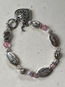 Silvertone Oval LOVE DAUGHTER FOREVER w Pink & White Beads Bracelet w Ornate - Picture 1 of 4