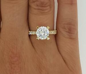 3.5 Ct Pave 4 Prong Round Cut Diamond Engagement Ring VS1 D Yellow Gold 18k