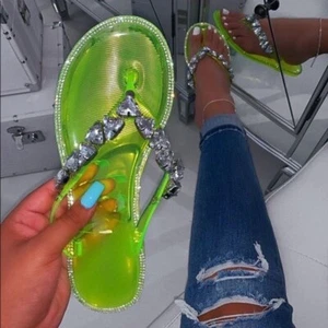 JOANIE-214 Fashion Rhinestone Embellished Jelly Sandals Neon Yellow Size 5 New - Picture 1 of 9