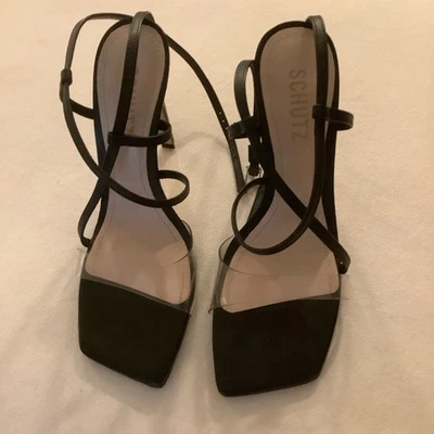 Schutz Aisha 7.5 Black Clear Strappy Heel Transparent Square Toe Modern Ankle - Image 1 of 4