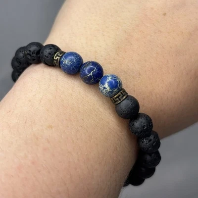 Pulsera boho elástica con cuentas de lava de jaspe azul para mujer Foto 1 de 3