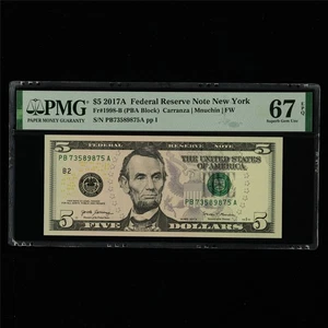 2017A Federal Reserve Note New York 5 Dollars Fr#1998-B PMG 67 EPQ UNC - Picture 1 of 4