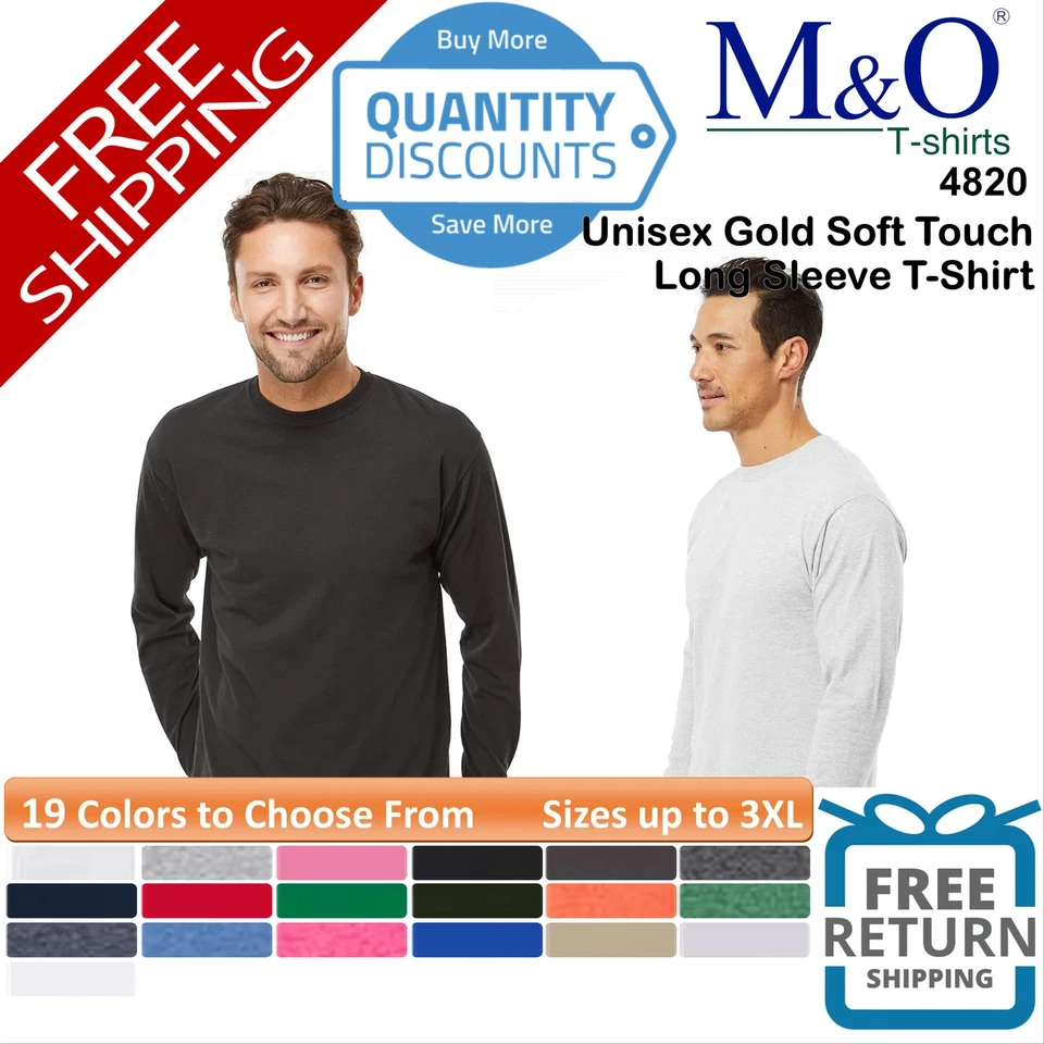 🔥 M&O Unisex Gold Soft Touch Long Sleeve T-Shirt Jersey Up To 3XL 4820 - Image 1 of 1