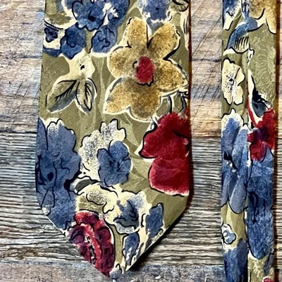 Hardy Amies London Silk Tie Floral Khaki Green Burgundy Red Blue Mustard Yellow - Image 1 of 4