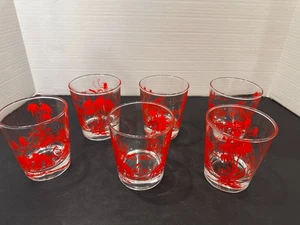 Vintage Mid-Century Barware Glasses Set of 6 Red Graphic Tumblers - Picture 1 of 11