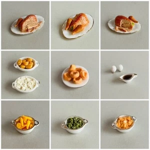 1:12 scale Dolls house Miniature Food Meat Chicken Vegetables Gravy in dishes - Picture 1 of 24