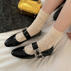 Womens Real Leather Pointed To Buckle Straps Rhinestone Decor Block Heels Shoes