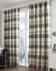 Eyelet Ring Top Lined Curtains Balmoral Check Slate Grey - Picture 1 of 7