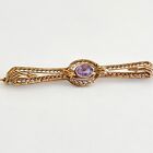 Antique 14K Solid Yellow Gold Intricate Design Detailed Amethyst Bar Brooch Pin