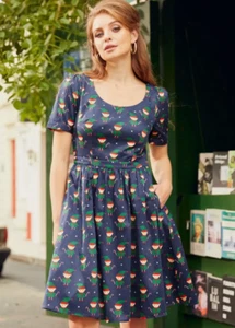 NWT Modcloth Retro A-Line Holiday Christmas Elf Print Blue Dress LARGE - Picture 1 of 3