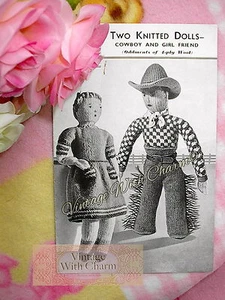 Vintage 1940s Knitting Pattern For Cowboy 'Bill' Toy & Girlfriend 'Mary Jane' - Picture 1 of 1