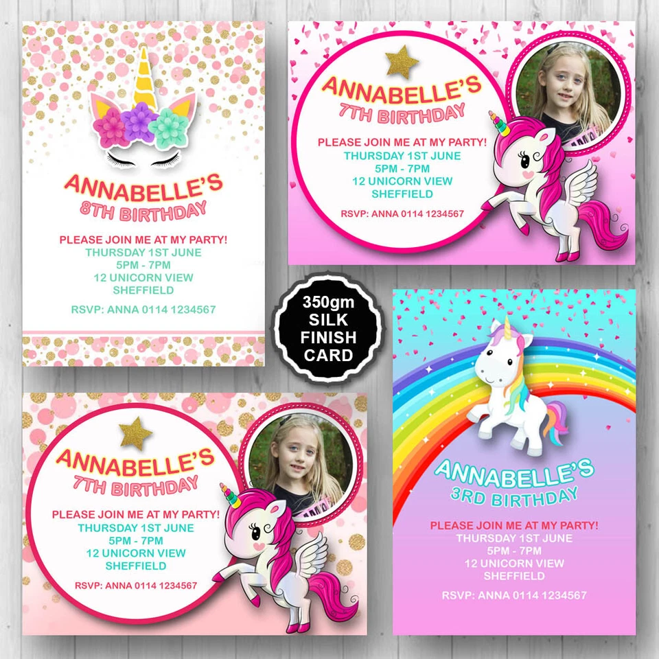 10 Invitaciones Personalizadas Unicornio Arco Iris Niñas Fiesta de Cumpleaños Invitaciones Foto 1 de 1