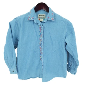Vintage 90s Wrangler Western Shirt Girls Large 14 Blue Button Up Embroidered - Picture 1 of 9