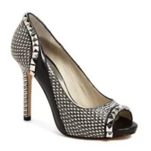 Michael Kors Ella Leather Peep Toe High Heel Pumps Black Snake Studded Size 8 M - Picture 1 of 11
