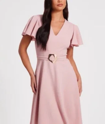 Vestido Quiz Midi Rosa Oscuro Talla 8 Abullonada Manga Corta Volantes NUEVO Foto 1 de 4