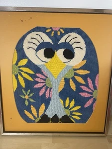 Groovy 1970's Framed Needlepoint Owl GREAT COLORS!! - Picture 1 of 13