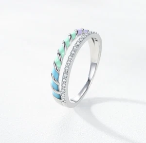 Exquisiter 925 Sterling Silber Farbverlauf Emaille Doppelband Zirkon Ring - Bild 1 von 4