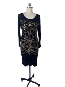 Cyber Y2K Love & Chesley Pencil Dress Womens Large Black Gold Midi Witchy Artsy - Picture 1 of 9